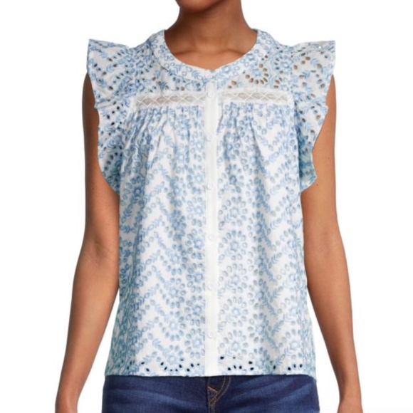 Floral Eyelet Embroidered Button-Up Blouse - Light Blue & White Sleeve - Picture 2 of 6